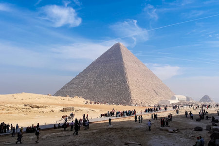 Giza Museum Complex, Egypt - 27 August 2017: Pyramids of giza. Great pyramids of Egypt. The seventh...