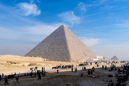 Giza Museum Complex, Egypt - 27 August 2017: Pyramids of giza. Great pyramids of Egypt. The seventh wonder of the world. Ancient megalithsのeditorial素材
