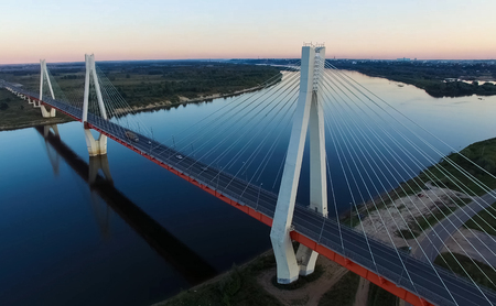 Beautiful bridge over the river. The bridge on the cables is road.の写真素材