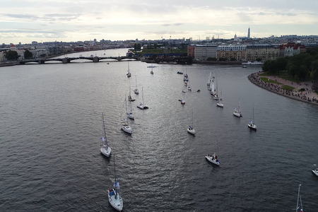 St. Petersburg, Russia - July 24, 2017: Festival of yachts in St. Petersburg on the river neve. Sailing yachts in the river.のeditorial素材