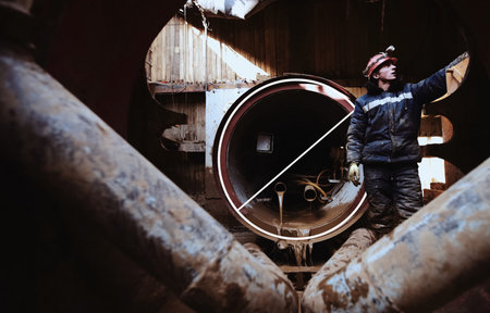 Irkutsk, Russia - March 24, 2017: The worker stands near the pipeline under construction.
