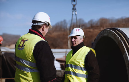 Irkutsk, Russia - March 24, 2017: Worker in a helmet in the workplace. Talk workers.