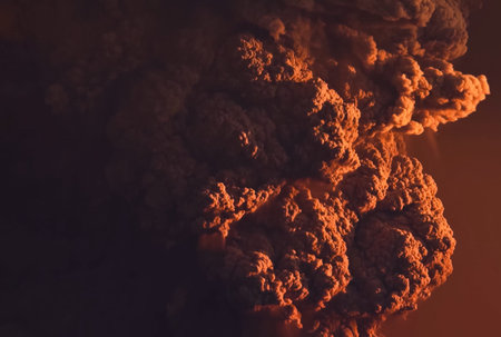 Eruption. Clubs of smoke and ash in the atmosphere.