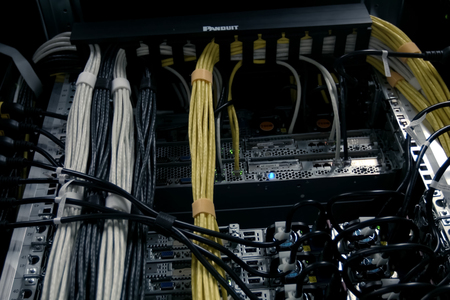 Luxembourg, Luxembourg - September 24, 2017: Connections of Internet cables with servers. Server date centers.のeditorial素材