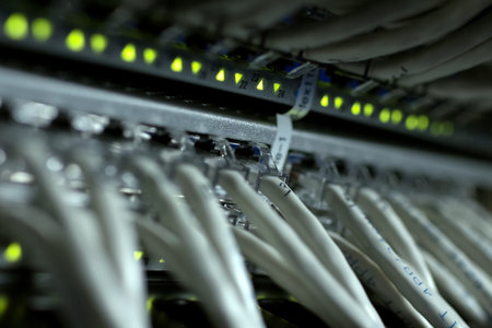 Connections of Internet cables with servers. Server date centers.
