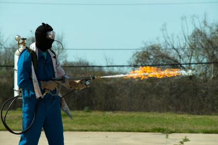 Flamethrower in action. a Flamethrower operational test.の写真素材