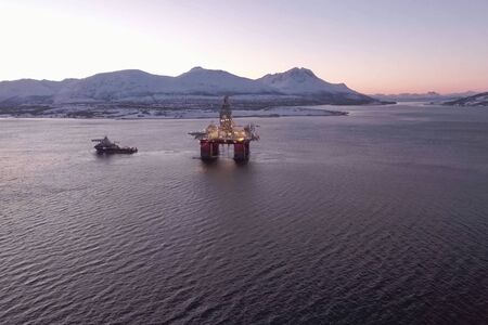 Drilling platform in the port. Towing of the oil platform.の写真素材