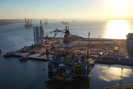 UKC, North Sea - December 18, 2019: Drilling platform in the port. Towing of the oil platform.