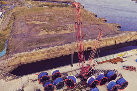 warehouse of cable bays in a cargo port. Cargo port and equipment for the construction of an oil...