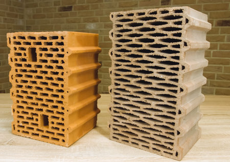 Samples of hollow bricks. Brick factory products.