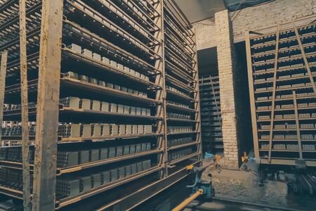 The brick is raw. Move raw bricks to the kiln. Brick production, hollow ceramic bricks factory. Brick production, bricks factory.の写真素材