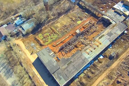 Top view of an old abandoned brick factory. Destroyed industrial building.の写真素材