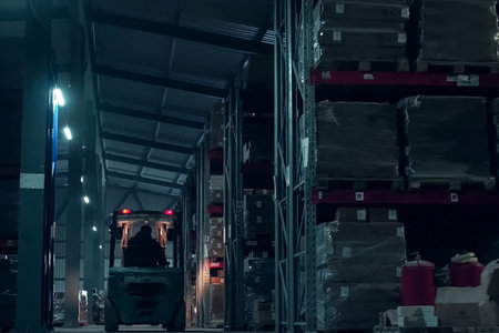Warehouse of building materials. Racks and shelves with goods.
