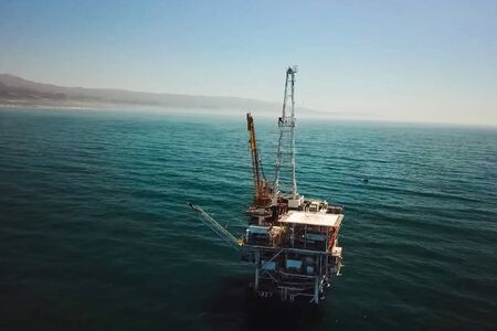 Drilling platform in the port. Towing of the oil platform.の写真素材