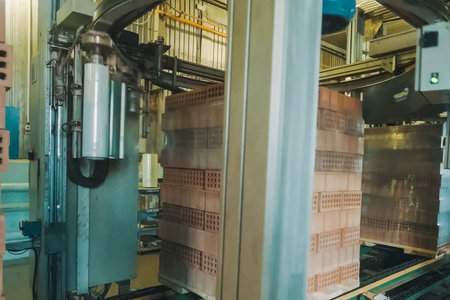 Wrapping a transport film of a brick pallet. Brick production, hollow ceramic bricks factory. Brick...