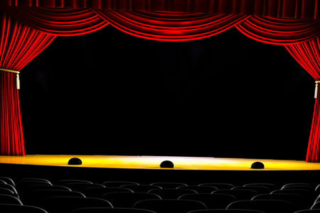 Theatre curtain and lighting on stage. Illustration of the curtain of the theater.