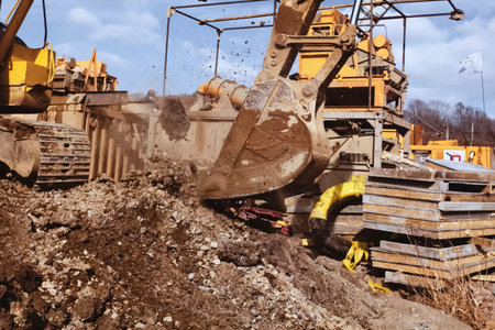 Bulldozer bucket. A bulldozer digs a hole.の写真素材