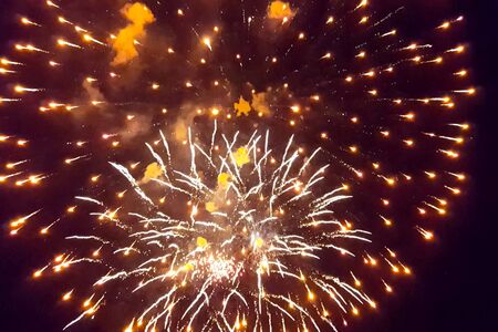 Festive salute in the night sky. Explosions of fireworks.の写真素材