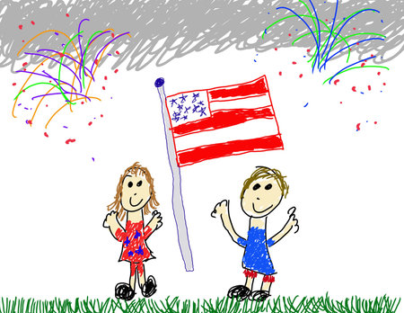 Child like drawing of happy 4th of Julyの写真素材