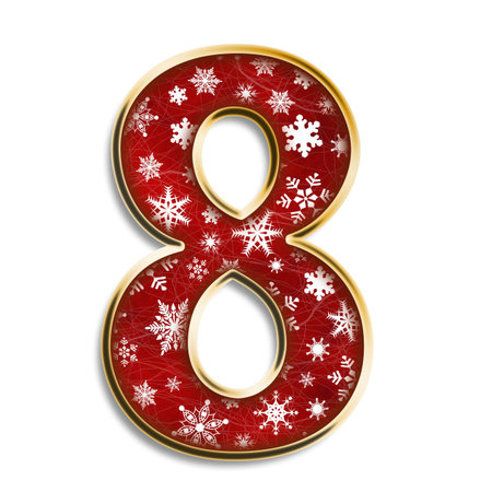 White snowflakes on red with gold number 8 isolated on white