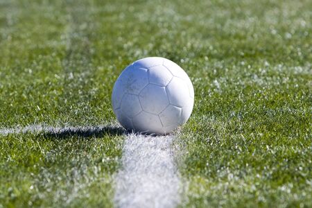 Solid white soccer ball resting on the sports fieldの写真素材