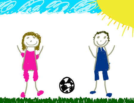 Happy girl and boy playing soccerの写真素材
