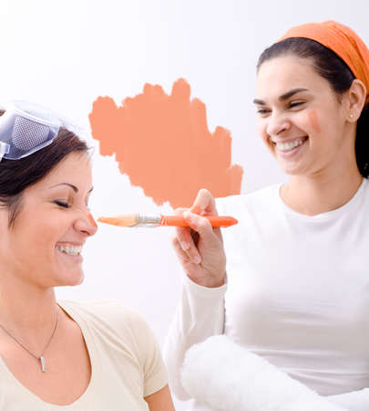 Young women (sisters) improving home.の写真素材