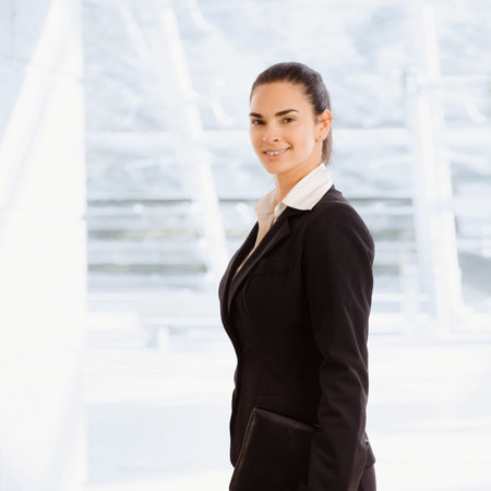 Happy young businesswoman holding notebook, smiling.