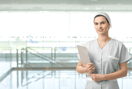 Portrait of attractive female nurse on hospital corridor looking at camera smiling. Copy space on left.の写真素材