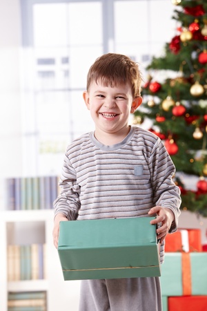 Laughing cute boy at christmas tree with wrapped present handheld.の写真素材