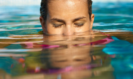 Young woman swimming eyes closed.の写真素材
