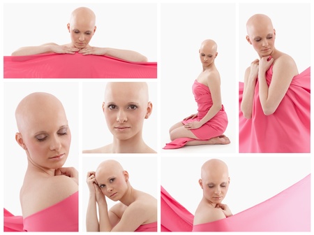 Young hairless woman wrapped into pink textile. 
This is a free image, part of a charity project. Models and the staff worked for free to support breast cancer awereness campaigns worldwide.の写真素材