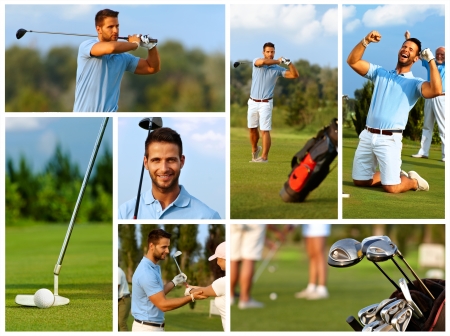 Image mosaic of golfing with handsome young golfer on golf course.の写真素材