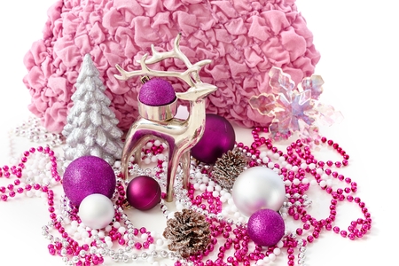 Christmas decoration with reindeer, pine tree, ornaments.の写真素材