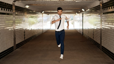 Young businessman running through underpass.