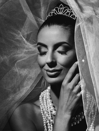 Black and white portrait of beautiful young bride.の写真素材