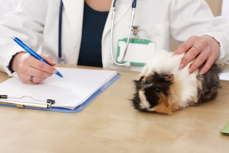 Close-up of hands: veterinarian exams Guinea pig on table.