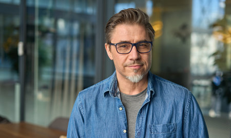 Portrait of middle aged man in office lobbyの写真素材