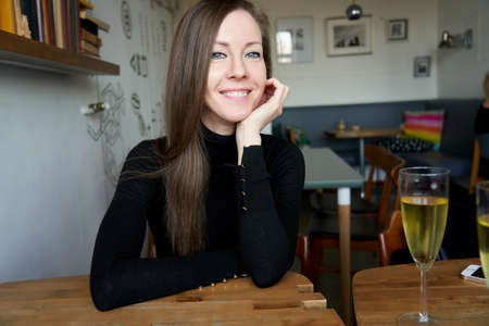 Portrait of a young white woman smilingの写真素材