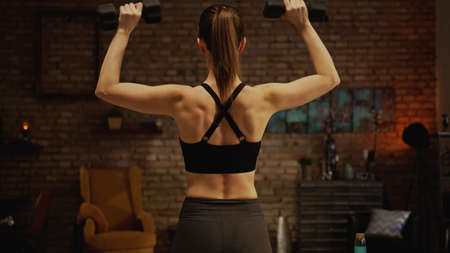 Muscular back woman fitness training workout homeの写真素材