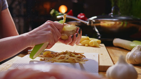 Woman peeling ginger for cooking in kitchen