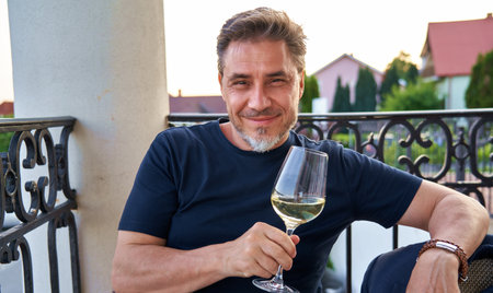 Happy man drinking wine outdoorの写真素材