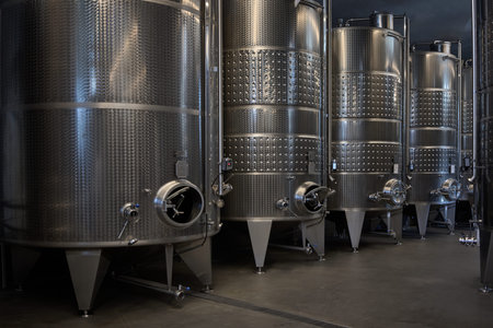 Industrial environment . huge metal tanks used for reductive wine making in vine cellar of modern...
