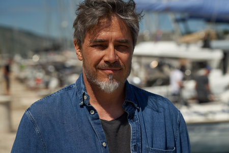 Portrait of mature age, middle age, mid adult man in 50s, happy confident smile, outdoor on holiday vacation at sea, Sun brown sailor, boater in port.の写真素材