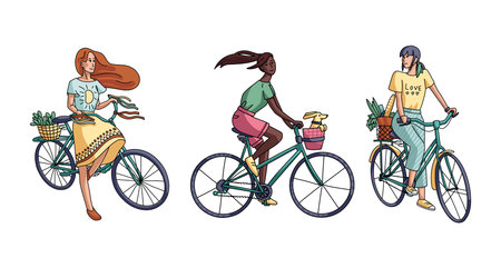 Vector illustration of a girls riding a bicycle. Happy beautiful female characters isolated on white background.のイラスト素材