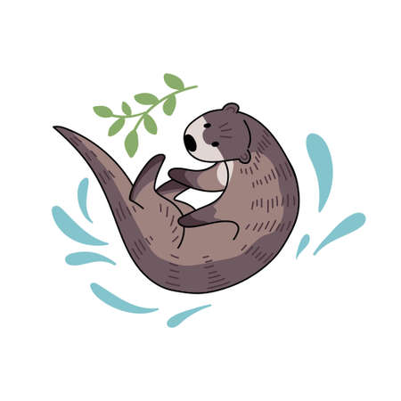Hand drawn vector otter. Cute doodle illustration of Lutra lutra with plants and water drops.のイラスト素材