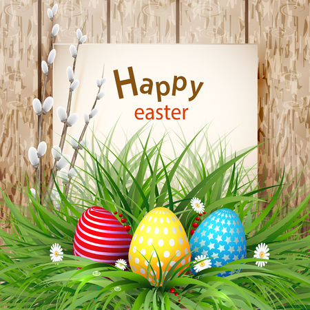 Golden Easter eggs on a wooden layout.のイラスト素材