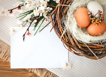 Composition of chicken and quail eggs on burlap and wooden boards