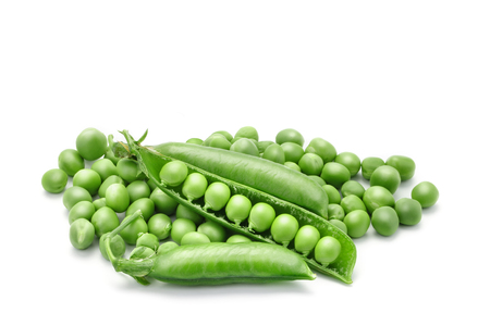 Ripe green peas on a white background. An isolated object.の写真素材