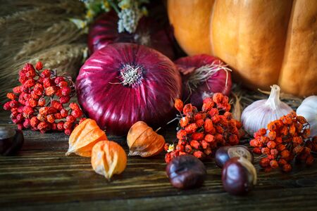 The wooden table decorated with vegetables, pumpkins and autumn leaves. Autumn background. Schastlivy von Thanksgiving Day.の写真素材